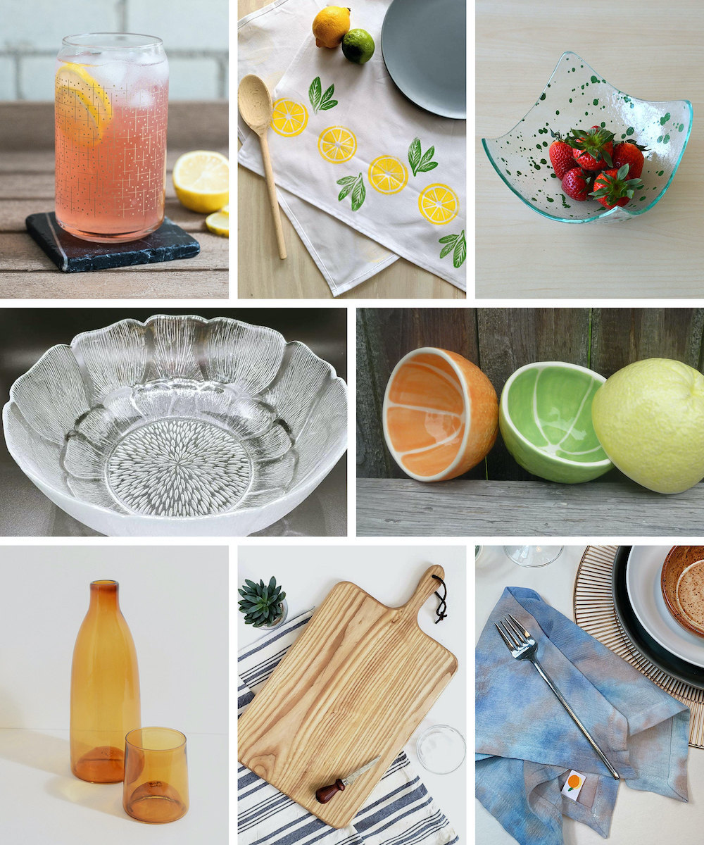 A collage of dining supplies available on Etsy.