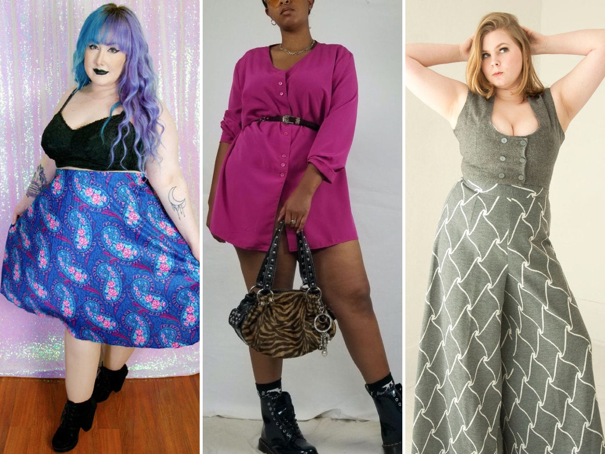 A collage of 3 women modeling plus-size vintage outfits.
