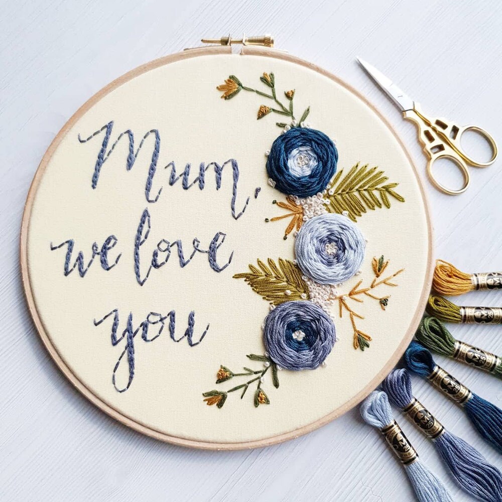 Custom 'mum we love you' floral embroidery hoop from Natalie Gaynor Designs