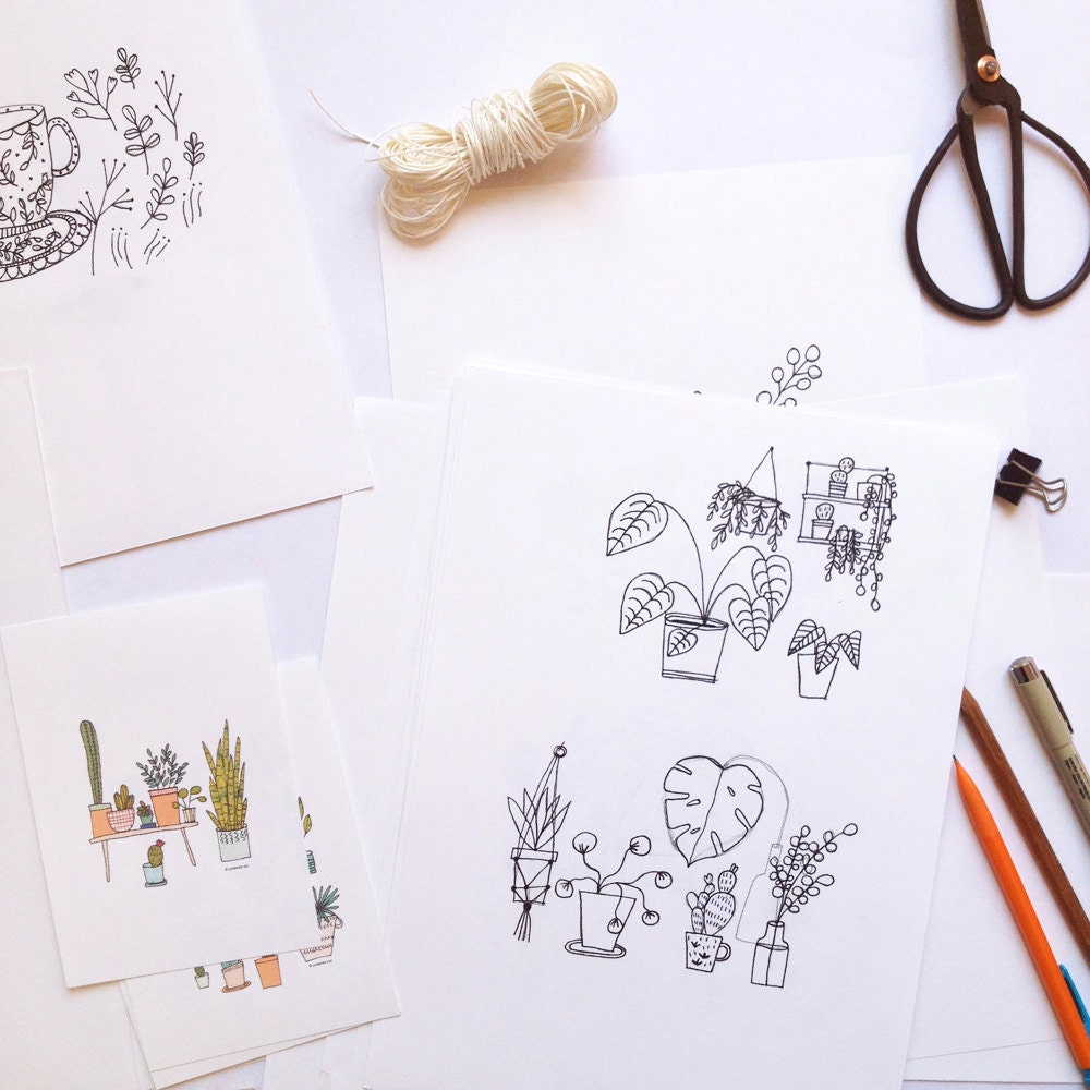 Pencil sketches of potted plants Pencil sketches of potted plants