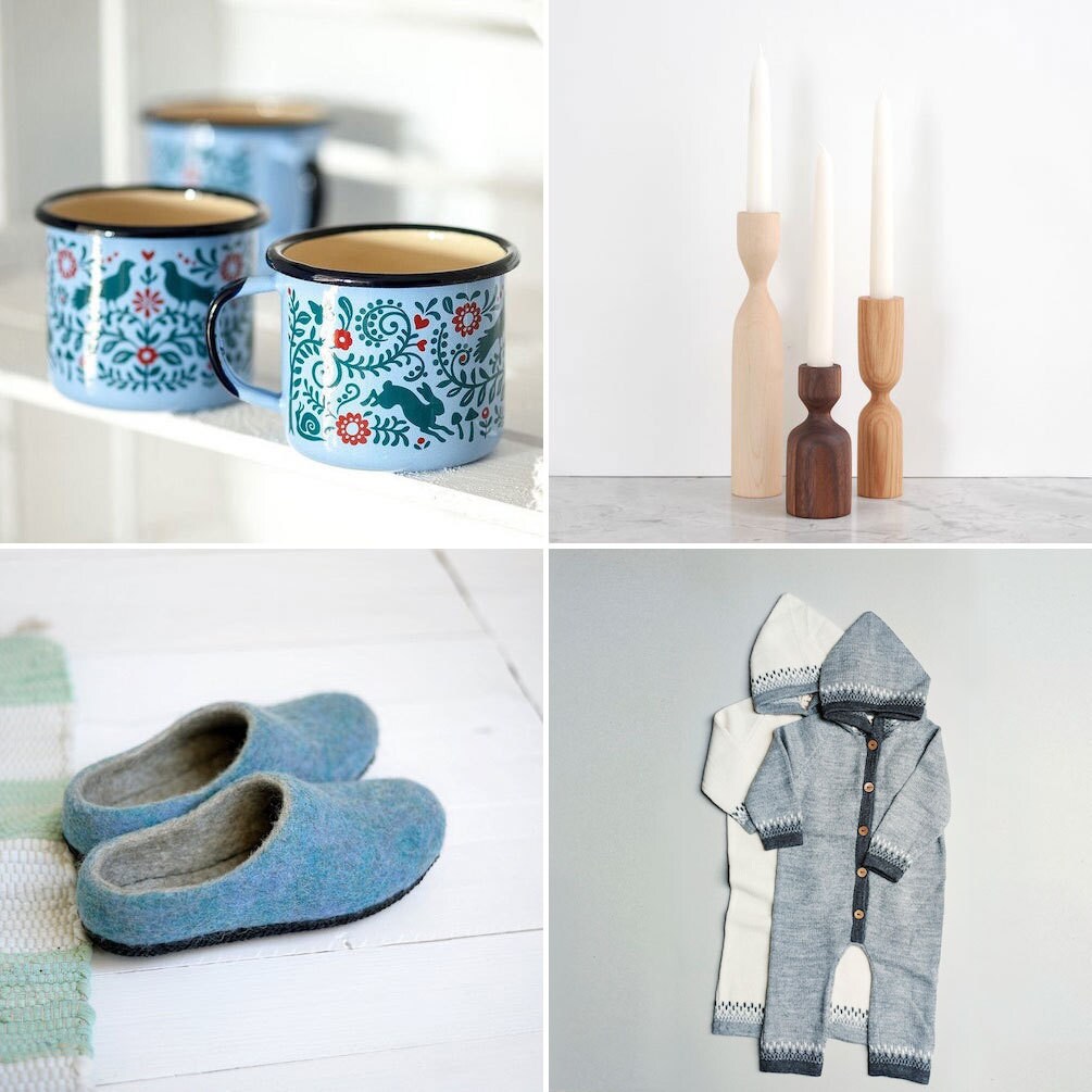 Collage of Nordic-inspired Etsy items: woodland enamel mugs, hand-turned wooden candlesticks, baby wool jumpers, and felt slippers