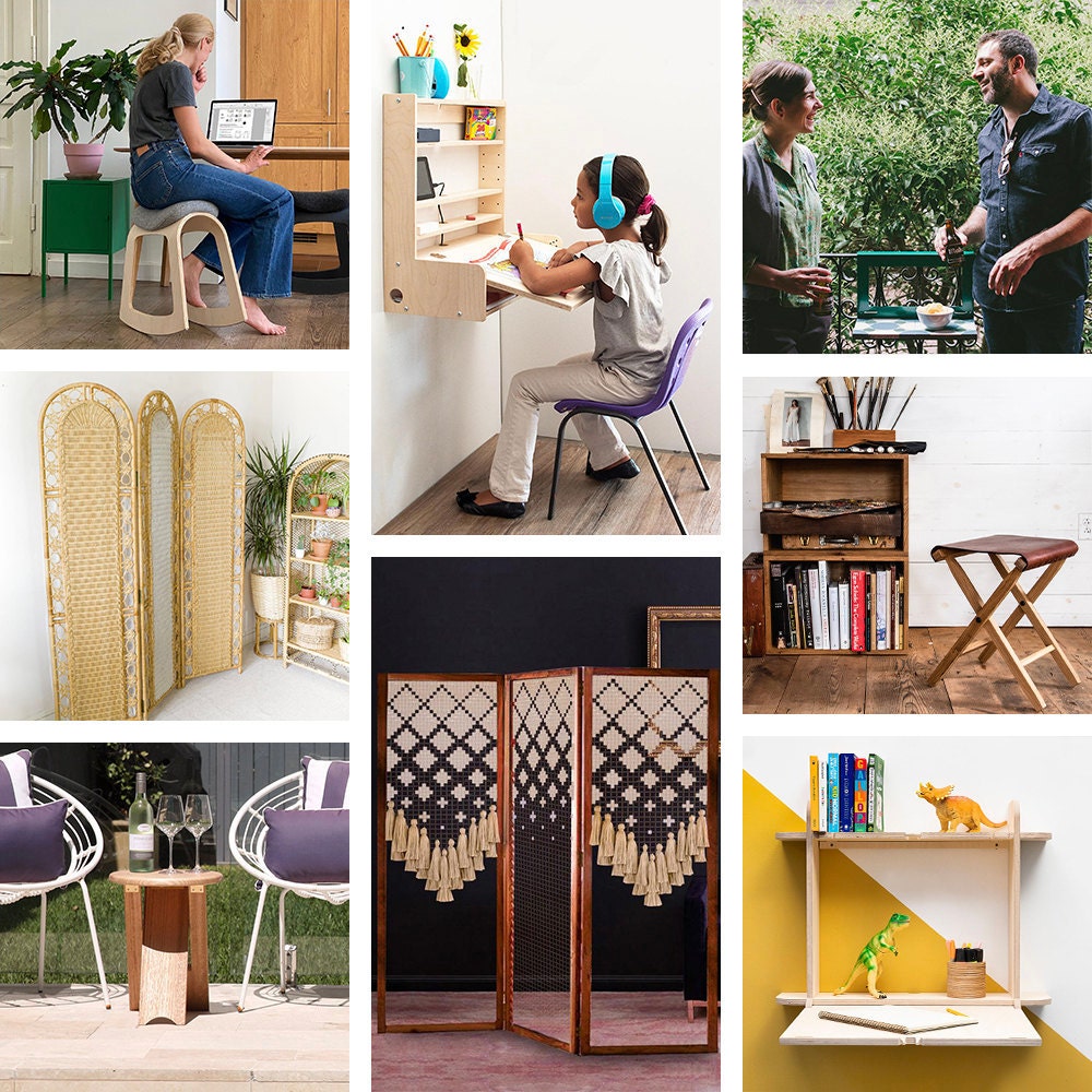 A collage of smart furnishings for small spaces available on Etsy