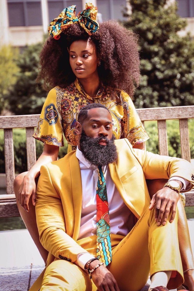 Man and woman wearing matching GabeJade tie and hairwrap