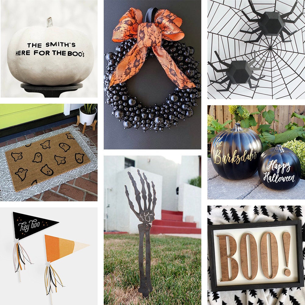 Collage of outdoor Halloween decor available on Etsy