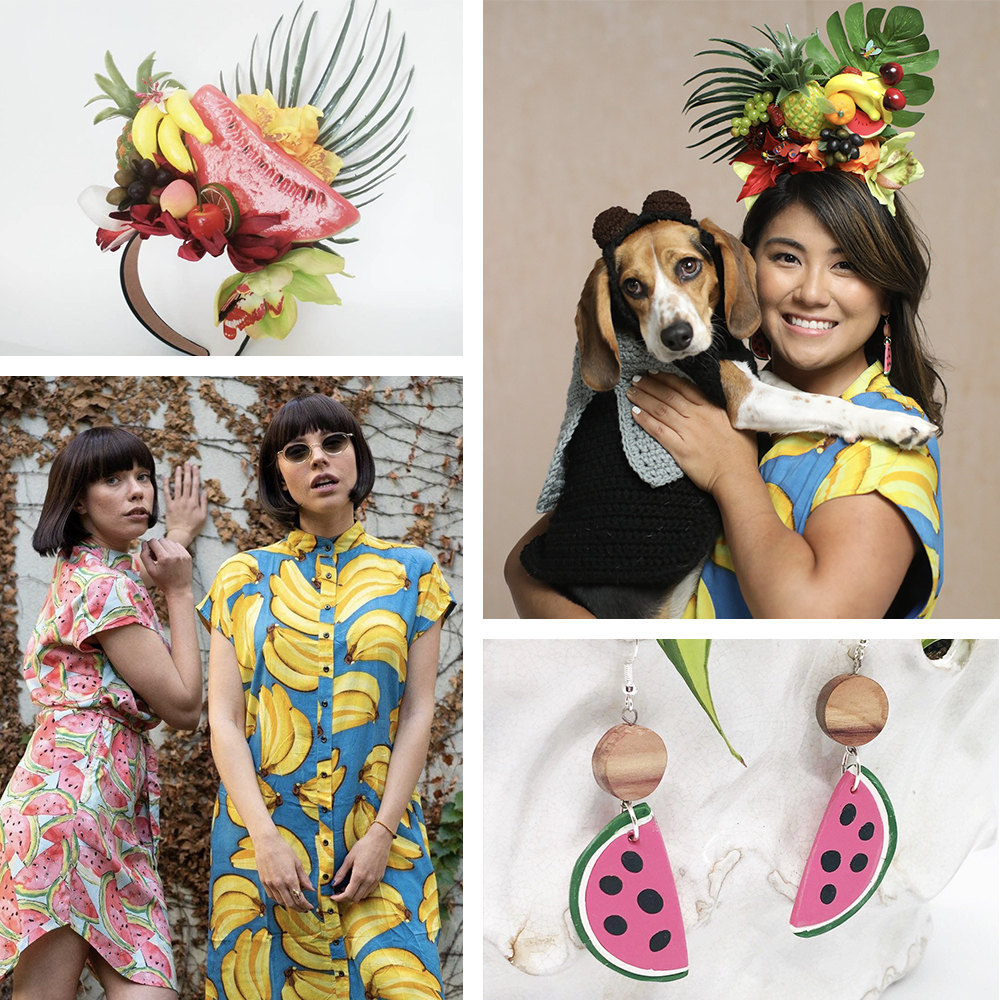A collage of items needed for a "fruit fly" dog + human Halloween costume.