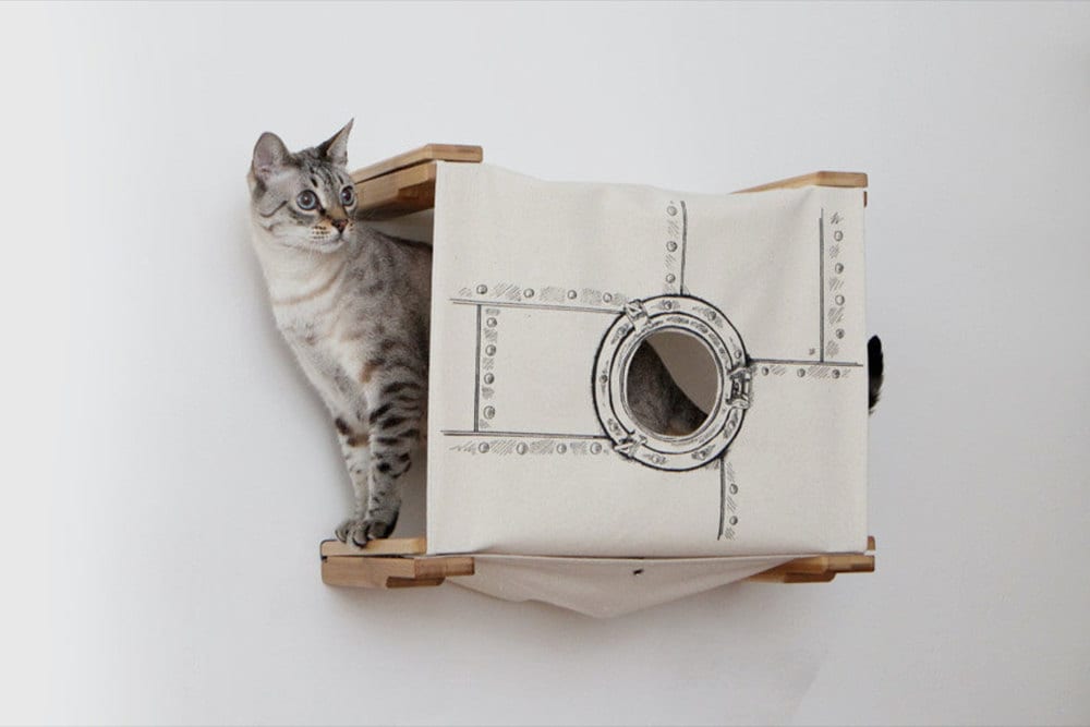 A canvas cat cubby from CatastrophiCreations