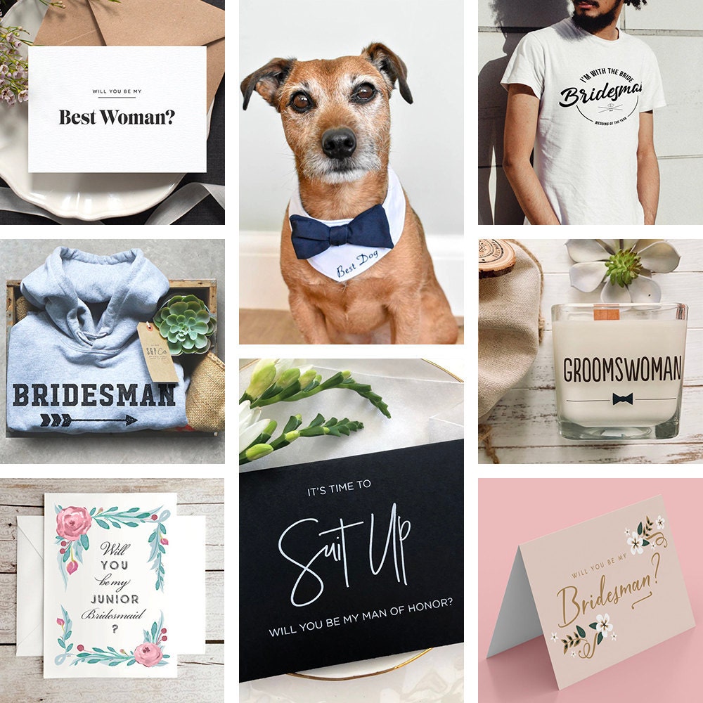 A collage of non-traditional wedding party proposals and gifts from Etsy.