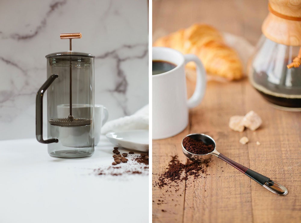 Glass French press and wire-wrapped coffee scoop from Etsy