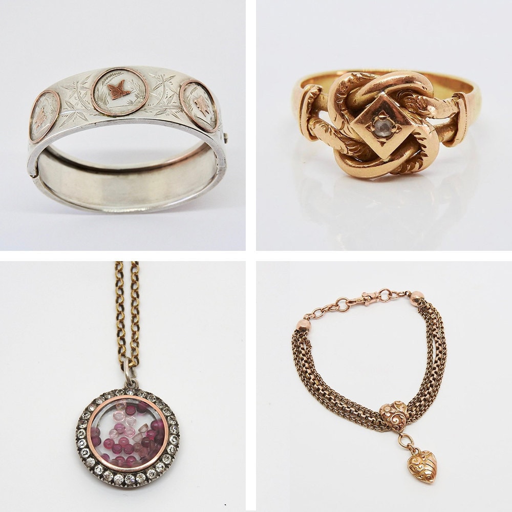 A collage of jewelry from Lawrence Antique Jewellery