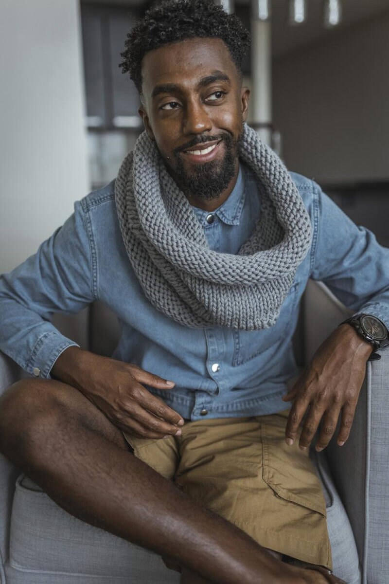 Nathan models his chunky knit hooded cowl