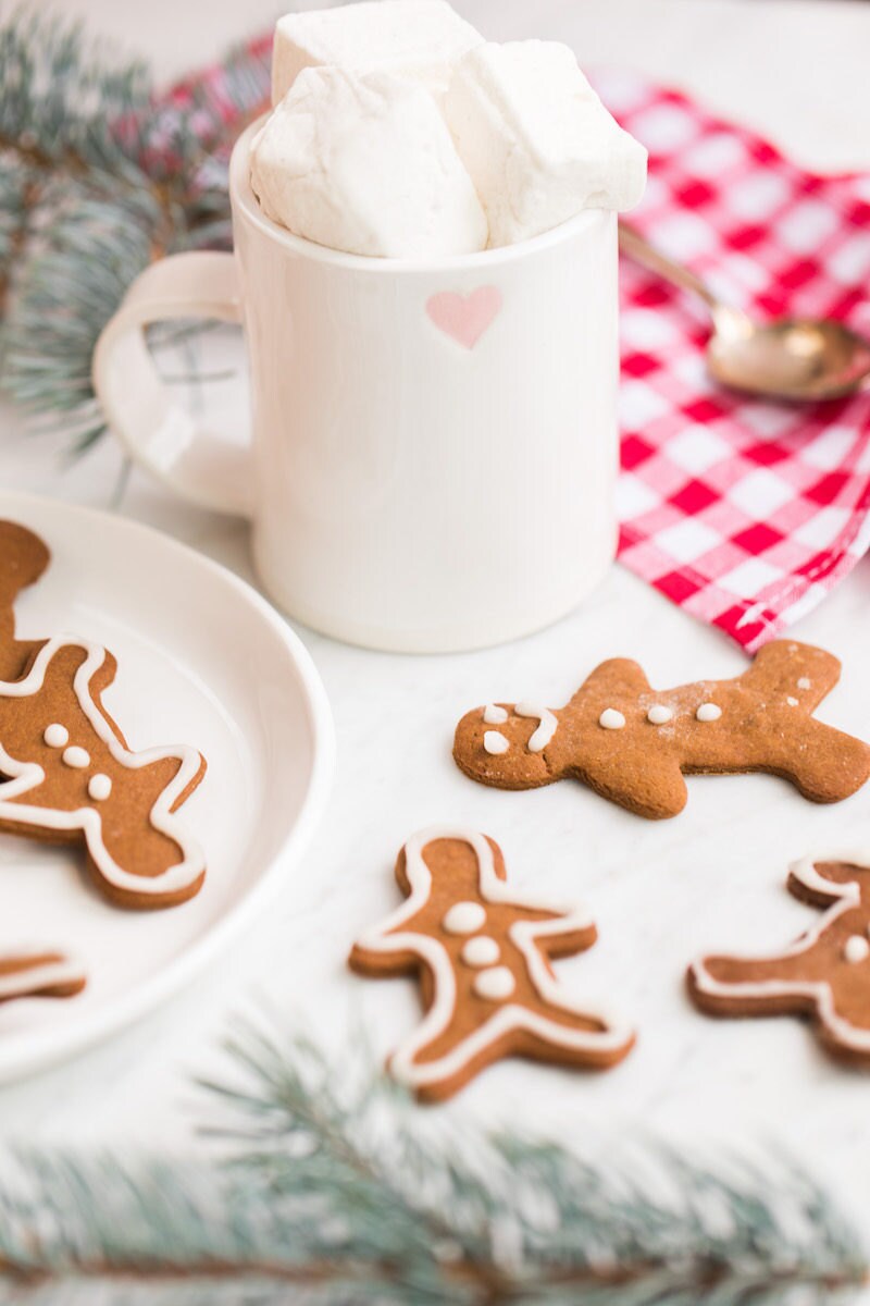 Gingerbread cookies and a white ceramic mug of hot cocoa from the Jillian Harris x Etsy collection