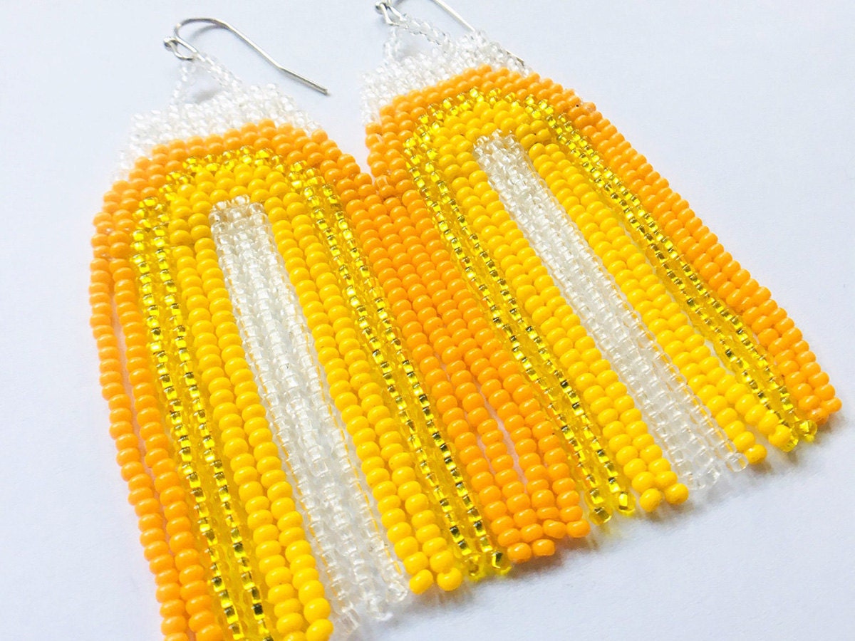 Sunshine-yellow seed bead earrings.