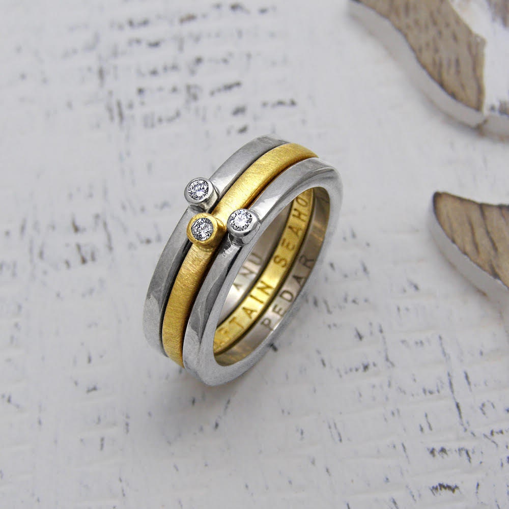 Personalized yellow and white gold stacking rings from Soremi Jewellery