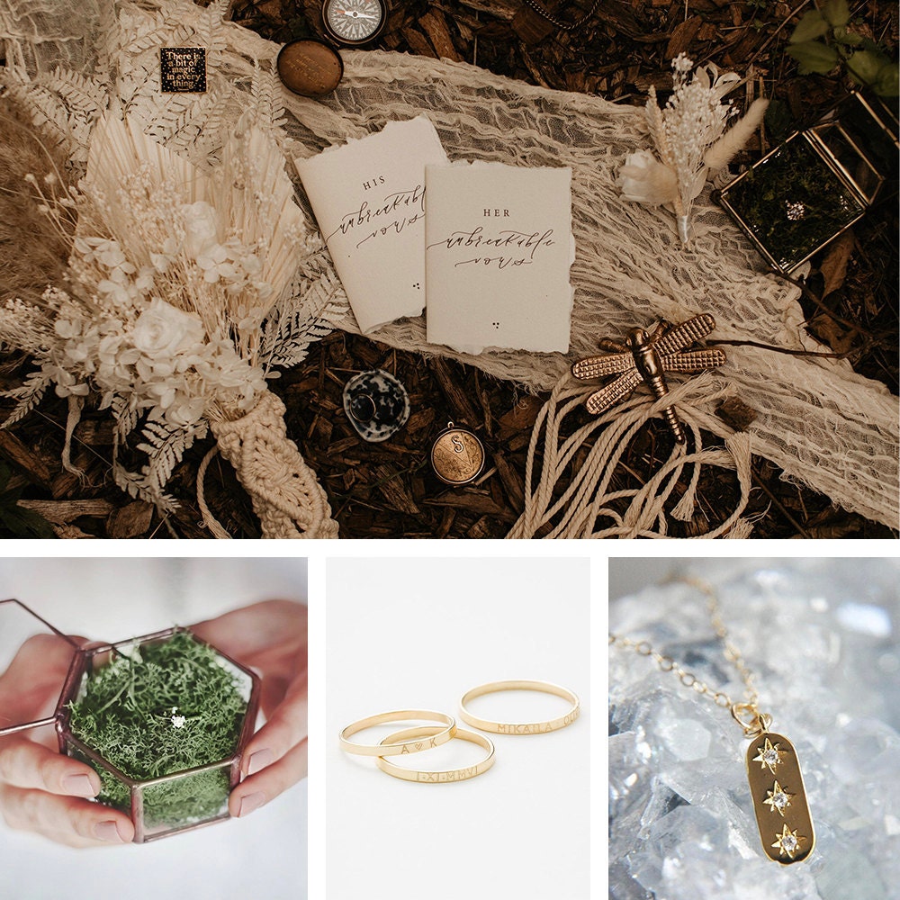 A collage of jewelry items Sarah wore on her wedding day, available to shop on Etsy.