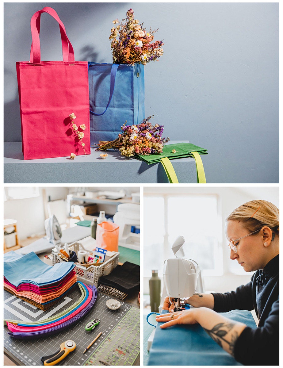 A collage of three images. From top: waxed canvas grocery bags; the maker sewing them; a work-in-progress photo.