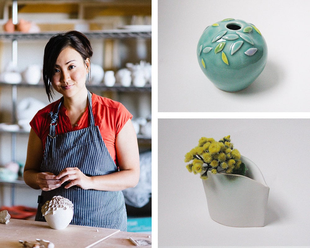 Portrait of ceramicist Yumiko Goto collaged with a few of her nature-inspired pieces.