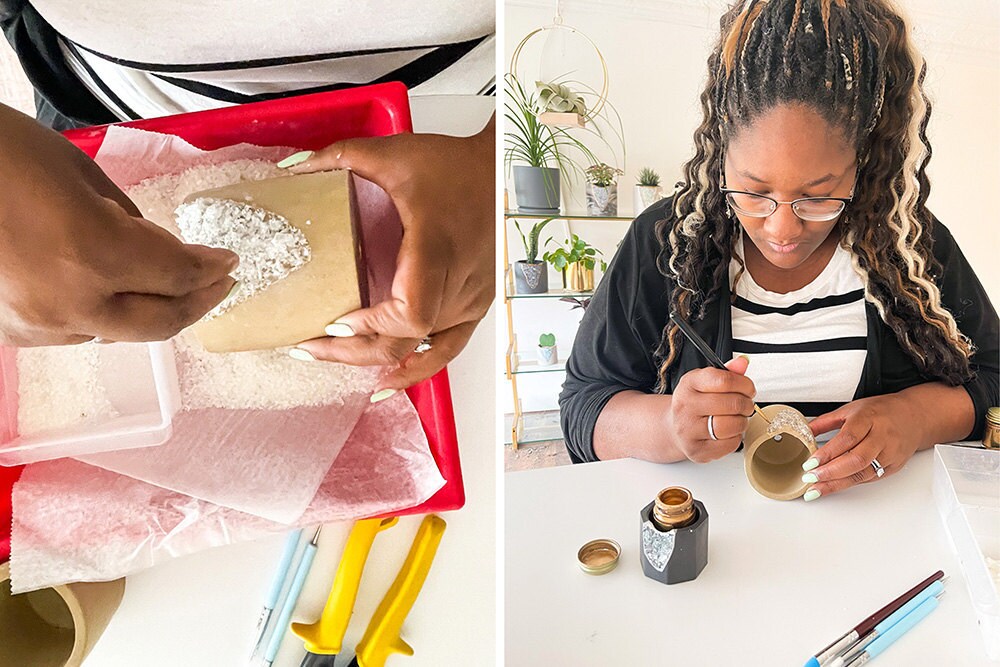 Tal & Bert creator Val Talbert assembles her crystal-studded planters.