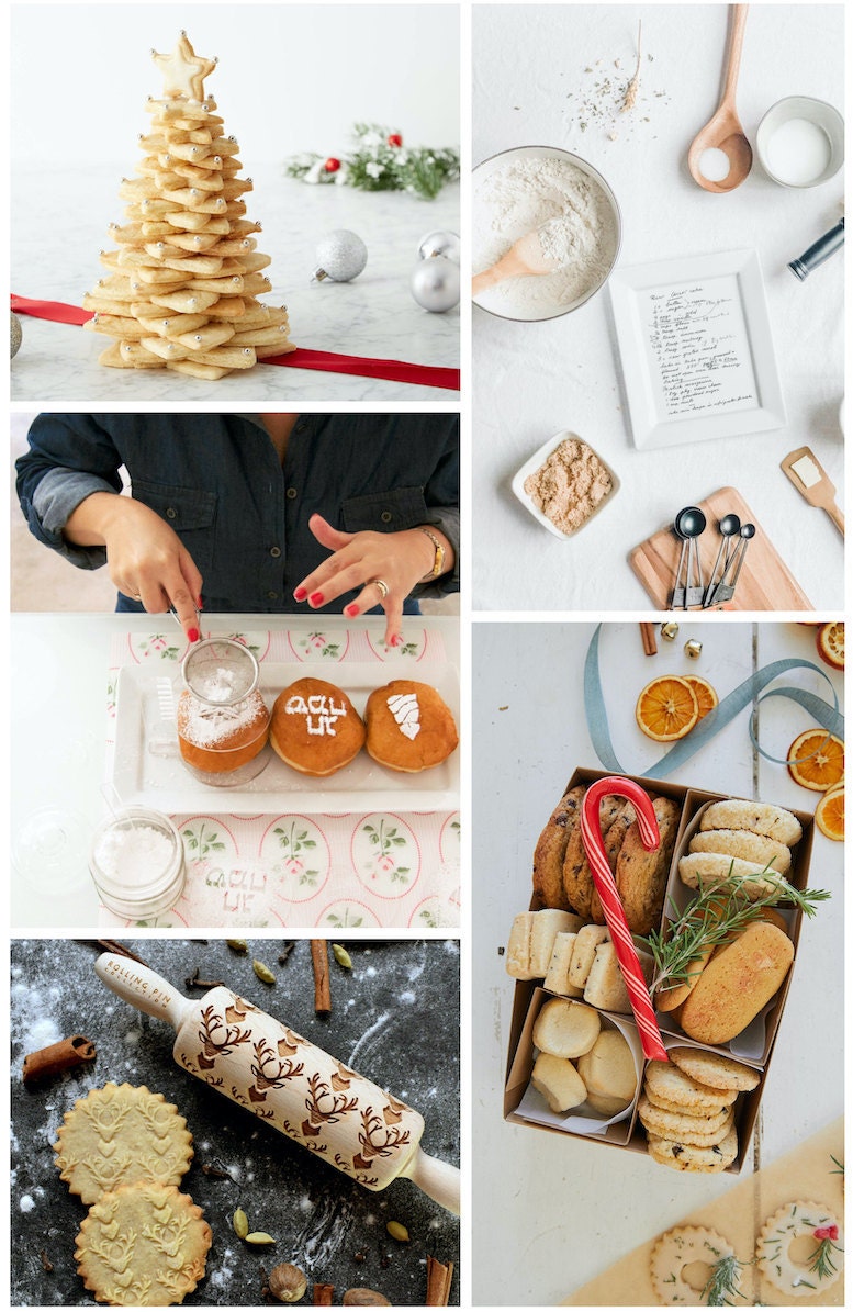 DIY cookie kits, custom recipe plates, cookie boxes, rolling pins, and Hannukah baking stencils from Etsy