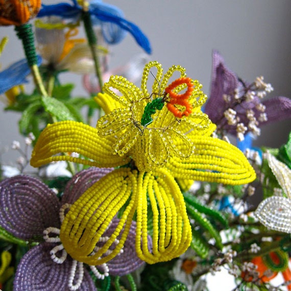 A beaded daffodil from Jeni's bouquet.