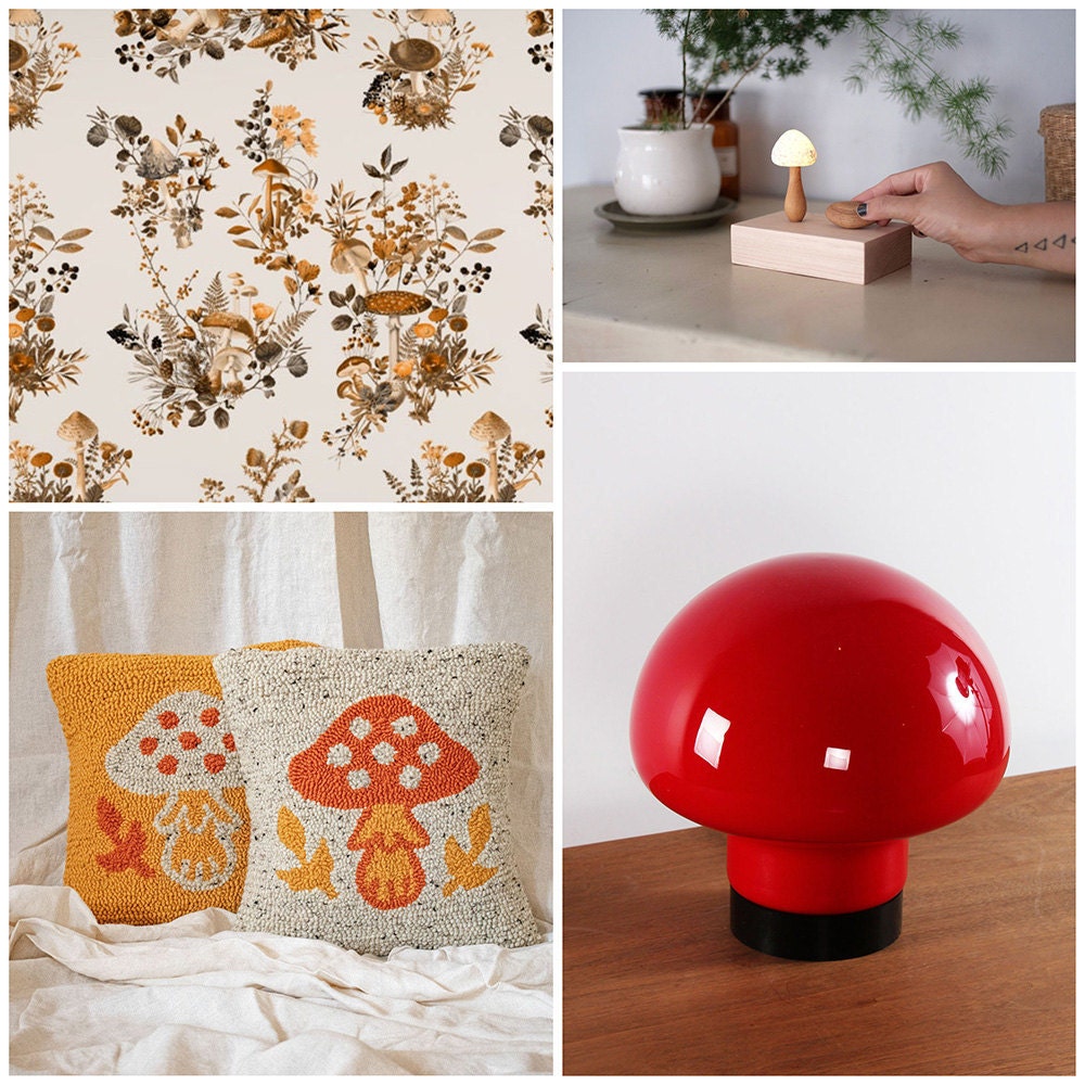 A collage of home decor items featuring mushroom motifs