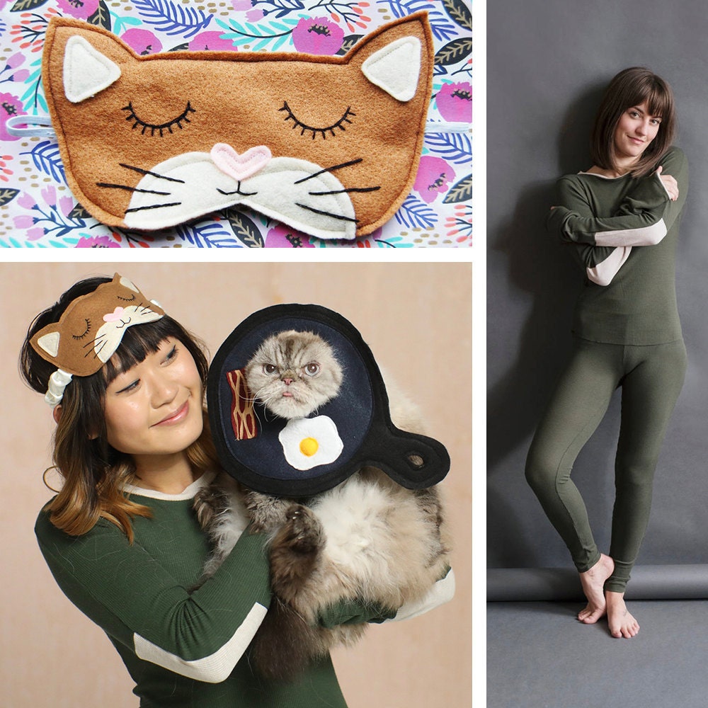 A collage of items needed for a "breakfast in bed" cat + human Halloween costume.