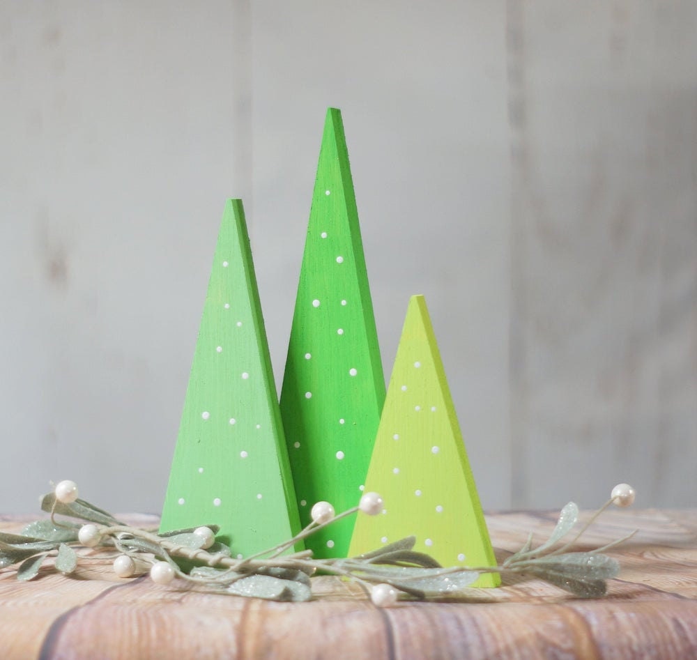 Trio of painted wooden trees from GFT Woodcraft