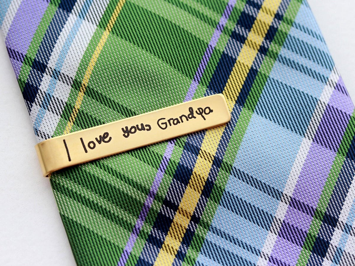 Engraved handwriting tie clip from Tom Design Shop, and other personalized Father's Day gifts from Etsy