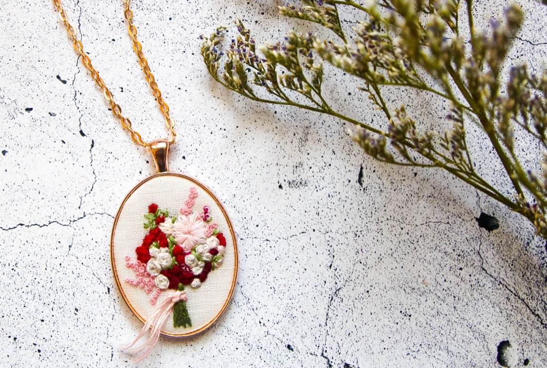 Custom embroidered bouquet replica necklace from Thursday Craft Love