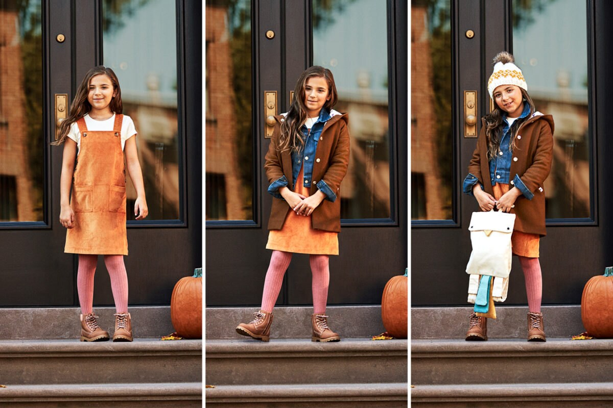 Three-image collage of a child wearing an increasingly layered fall look