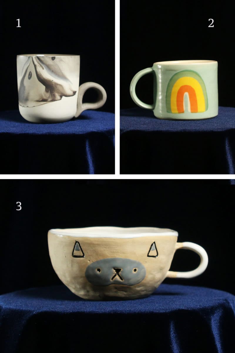 A collage of mugs for water signs, including a marbled mug for Scorpio, a rainbow mug for Pisces, and a cat mug for Cancer