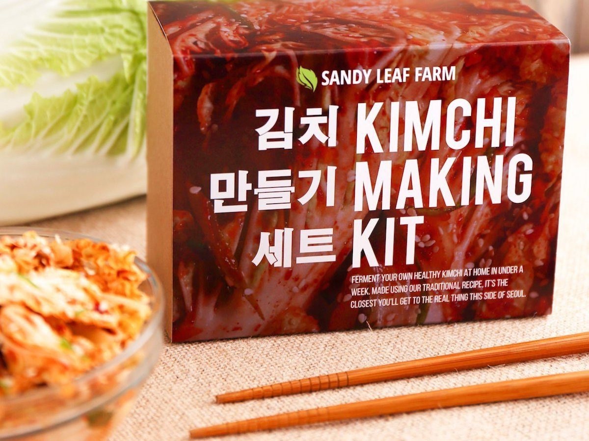 Kimchi-making kit box, pickling supplies, and chopsticks.