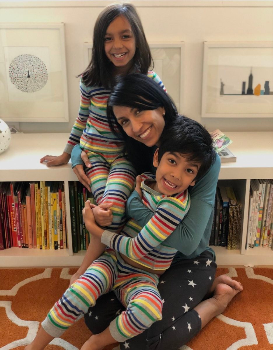 A portrait of Etsy's Chief Product Officer Kruti Patel Goyal and her twins