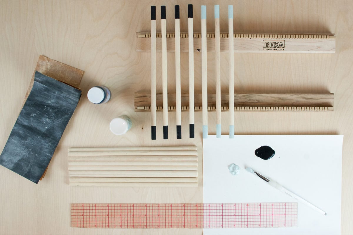 The various pieces of a weaving kit.