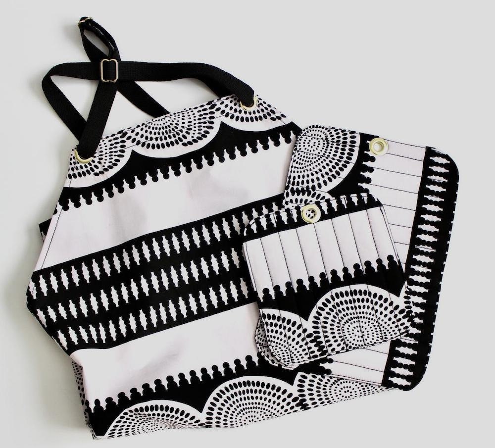 Ankara apron, pot holder, and hot pad set from Mary Elizabeth Home Collection
