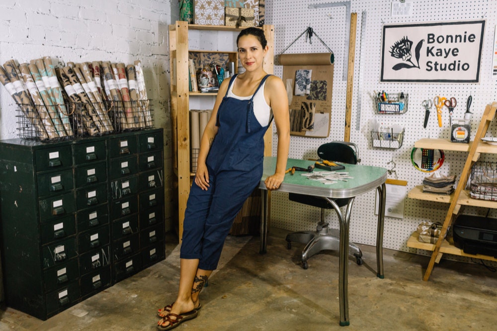 Designer and screenprinter Bonnie Kaye Whitfield in her home studio