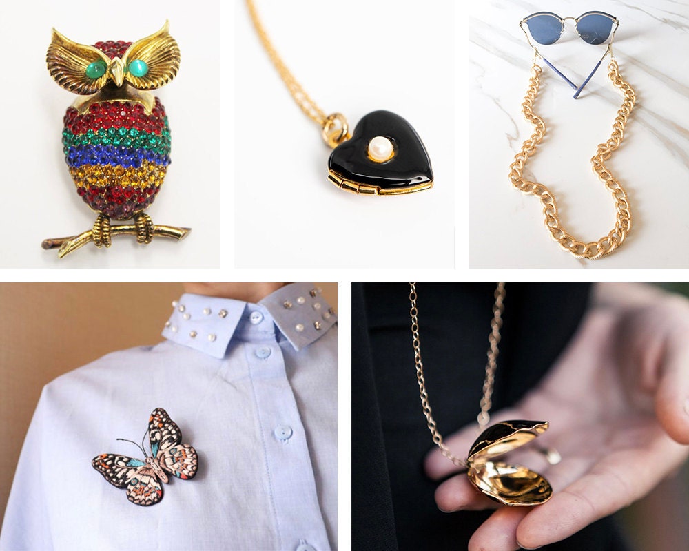 A collage of grandmillenial jewelry from Etsy