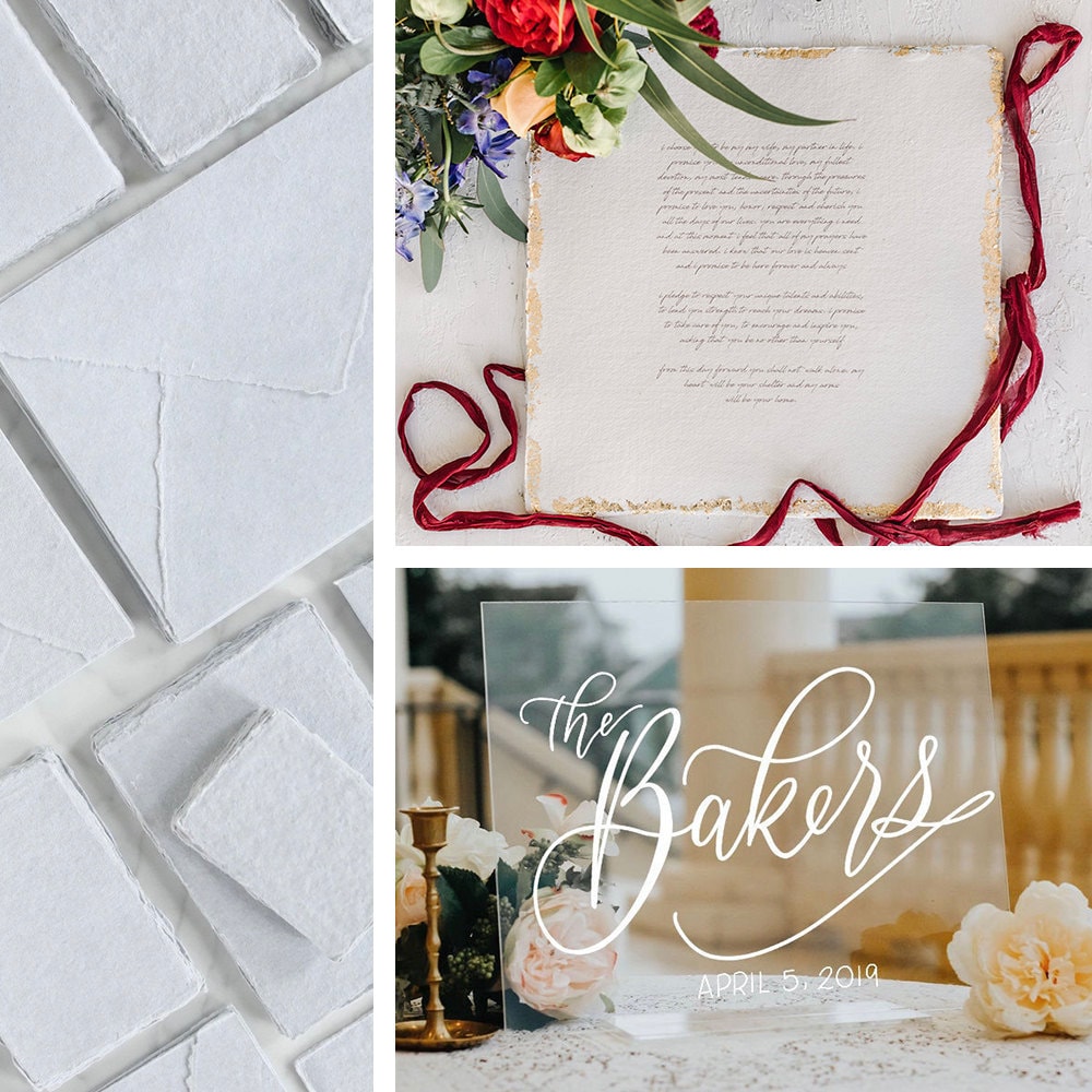 A collage of Etsy paper, signage, and wedding gifts