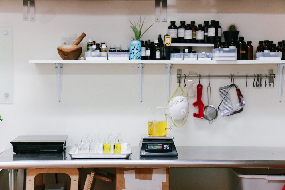 A scale in the Palermo body workshop used to measure out oils into bottles