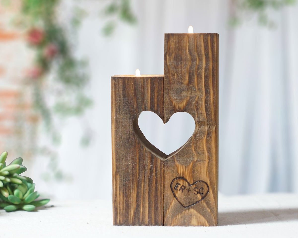 Personalized heart candle holder from GFT Woodcraft