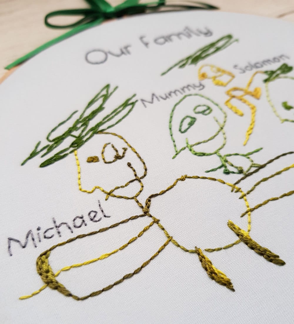 Detail on an embroidered child's drawing from Natalie Gaynor Designs