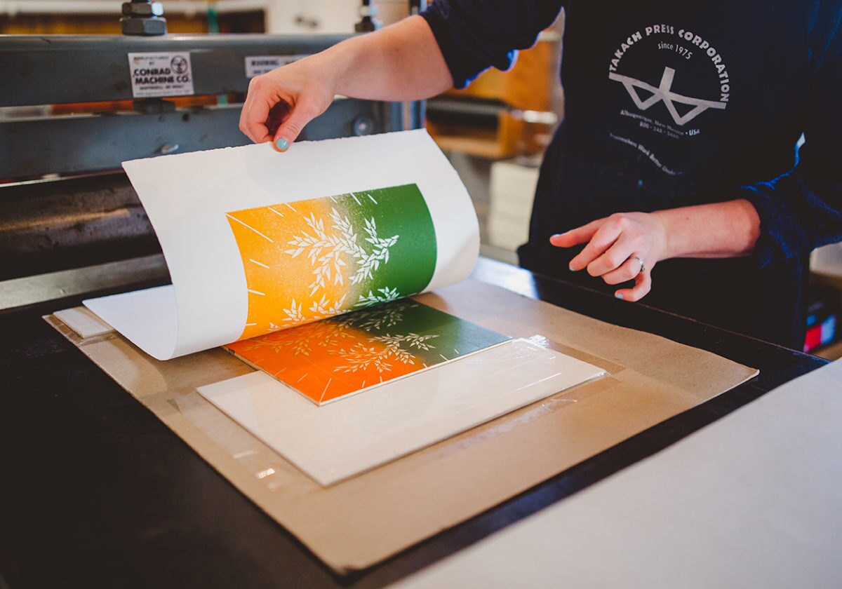 For some prints, Kari uses “blend rolls,” a technique in which she rolls multiple colors of ink over the woodblock simultaneously.
