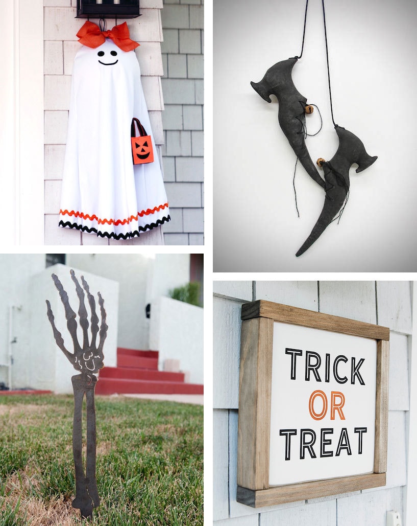 Collage of four Halloween decor items: Hanging ghost from Ever Blooming Originals, primitive witch shoes from Cozy Expressions, wooden "Trick or Treat" sign from Huckleberry Avenue, and steel skeleton arm lawn ornament from Haagmade