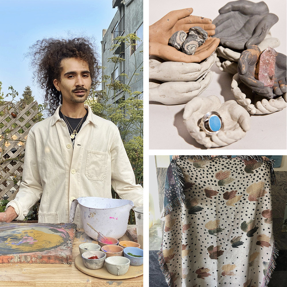 A collage featuring a portrait of home goods designer Rheal alongside some of their hand-shaped vessels and a colorful blanket.