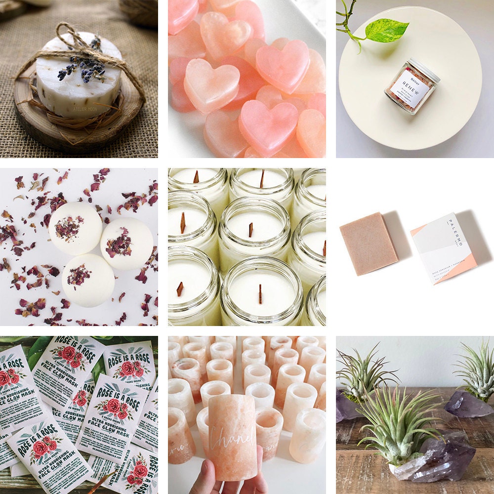 A collage of self-care themed favors available on Etsy