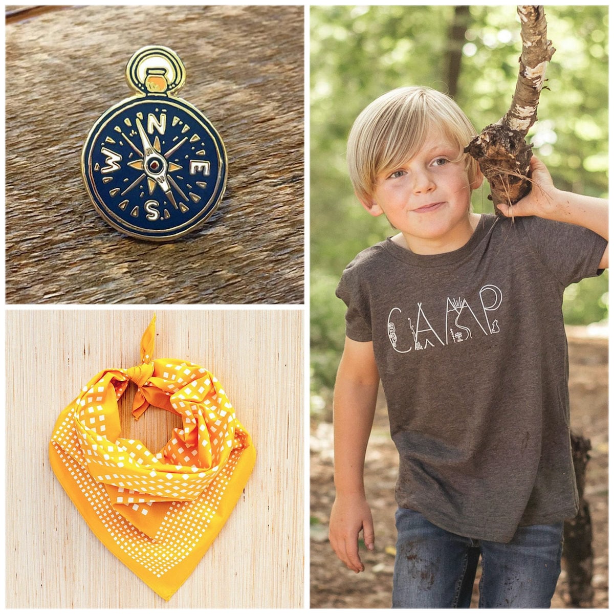 A compass pin, camp tee, and bandanna from Etsy