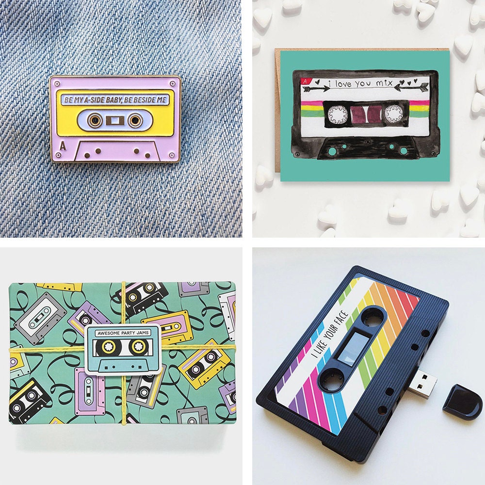 A collage of mixtape-themed gifts available on Etsy.