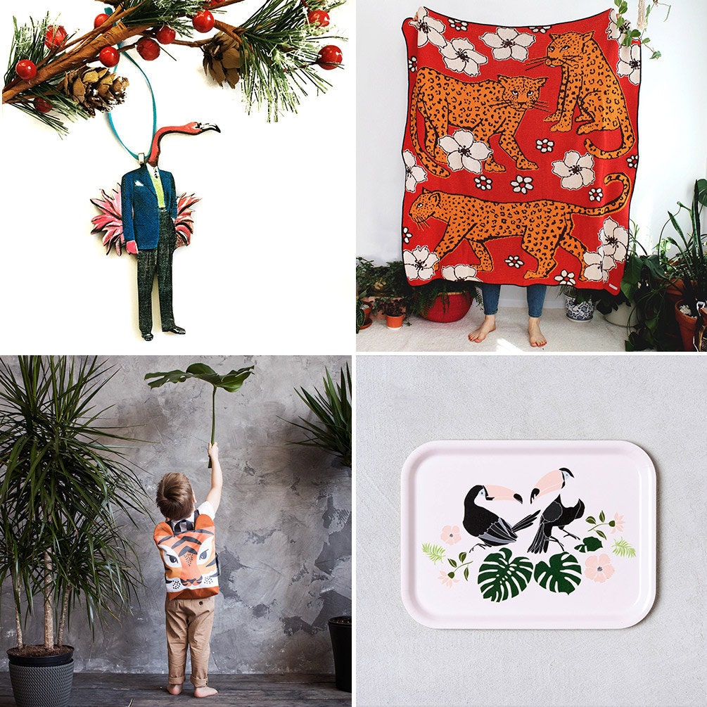 Collage of four animal-themed Etsy items: a flamingo ornament, a leopard throw blanket, a toucan serving tray, and a tiger backpack