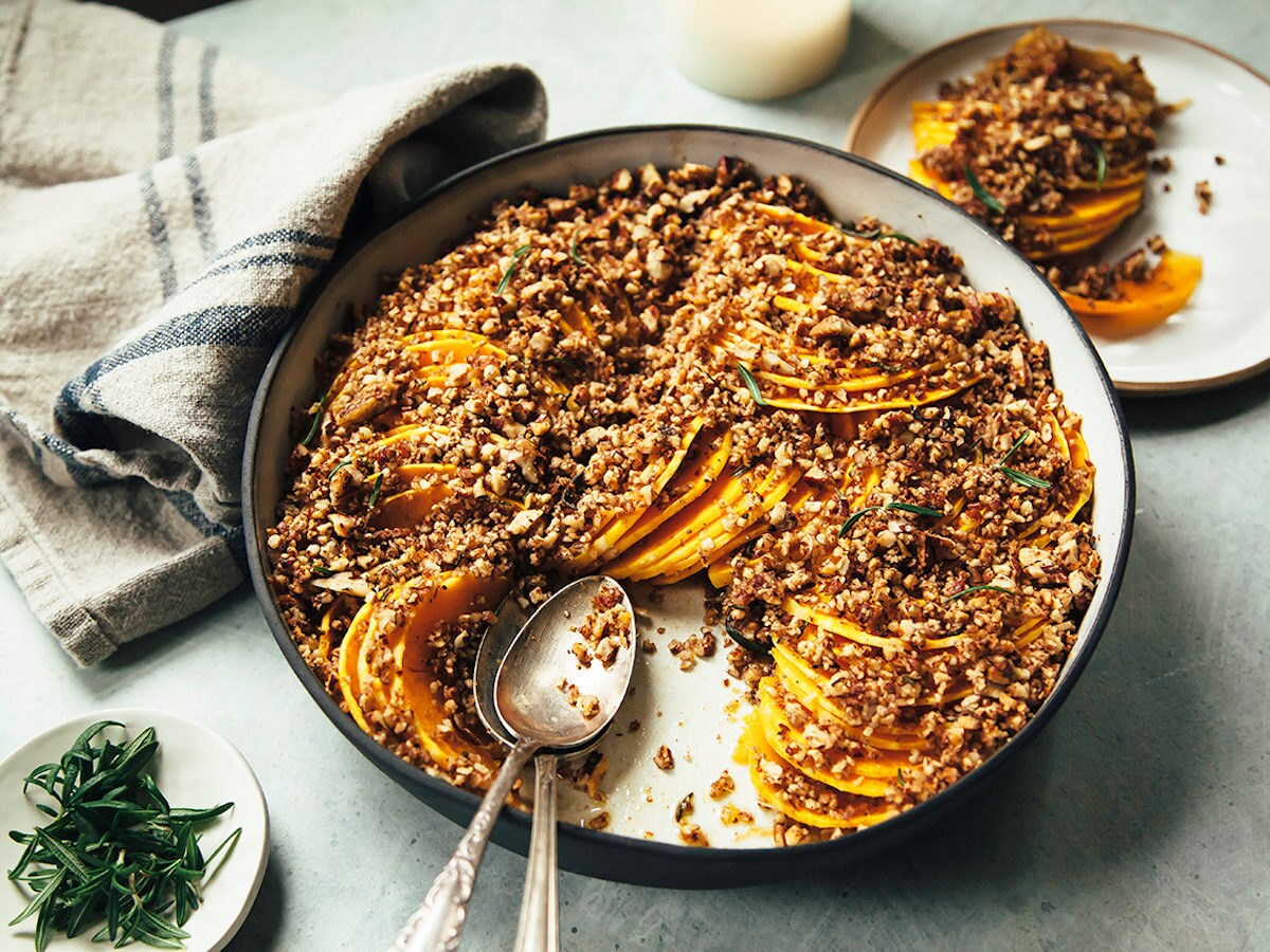 Squash gratin served in a white ceramic baking dish from 1220 Ceramics Studio