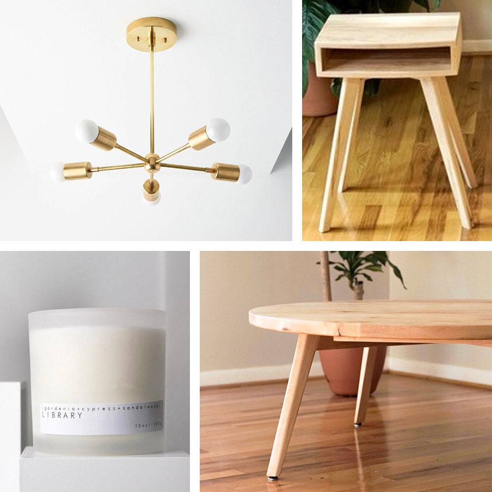 A collage of furniture, lighting, and candles the Real Simple Home, available to purchase on Etsy.