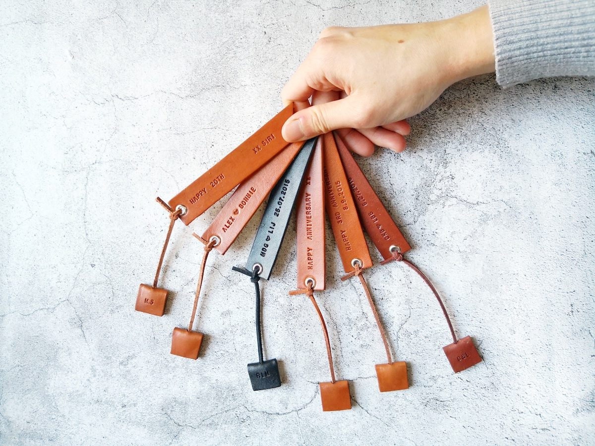 A handful of personalized leather bookmarks from Vantler Leather